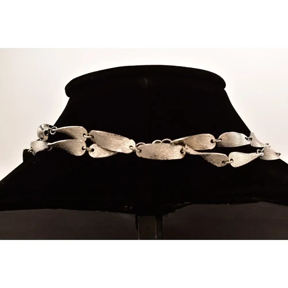 Vintage Linked Necklace Silver Tone Metallic Long Chunky Textured 1980s BinBE